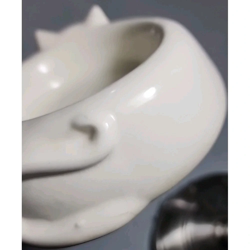 Vtg Cat Kitten Pet Food Dish Ceramic Treat Bowl Lillian Vernon White Blue Eyes‎